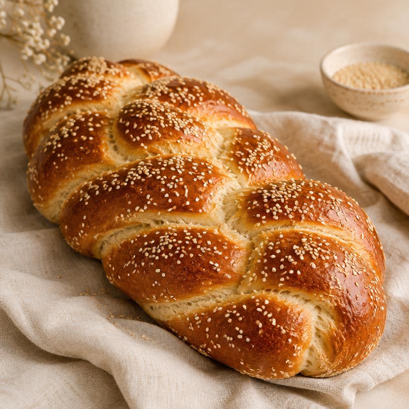 חלה קלועה ביתית עם שומשום על מפת פשתן